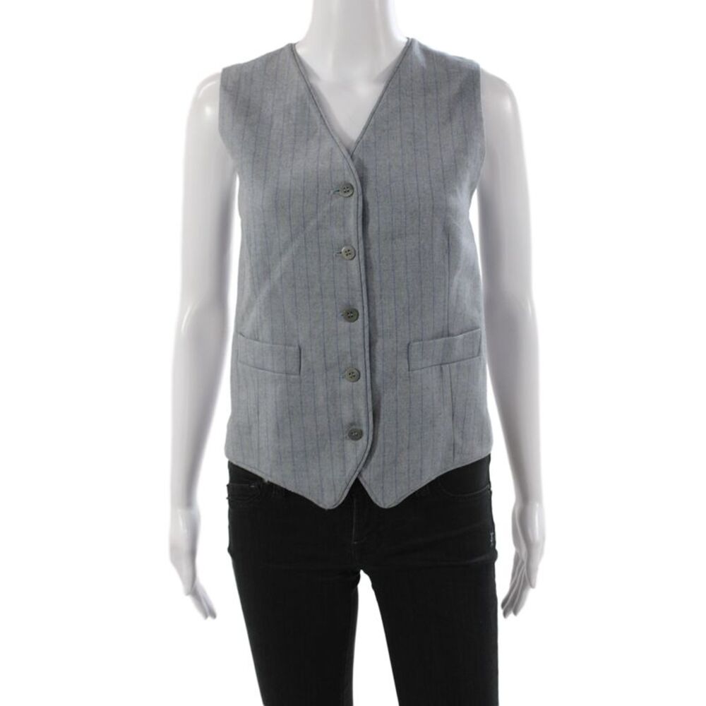Barneys New York Women Gray Wool Striped V-Neck Button Sleeveless Vest Size 6